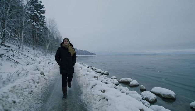 Solitary man walking frozen shoreline in dark parka and green knit hat on snowy coastal path