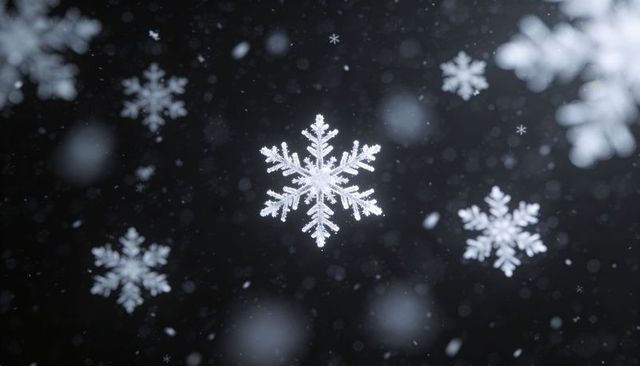 Macro Hexagonal Snowflake Crystal on Dark Bokeh Background with Intricate Dendritic Detail