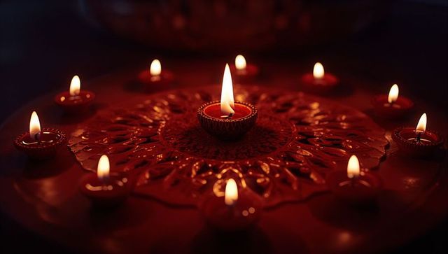 Clay lamps on ornate plate illuminating festival of lights