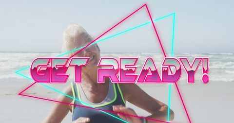 Joyful Senior Woman Exercising on Beach with Retro Text Overlay