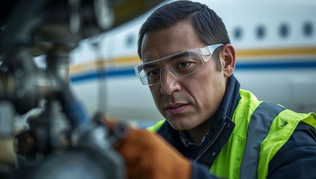 Maintenance technician adjusting aircraft hydraulic lines on tarmac