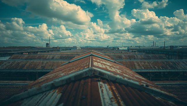 Rusty Industrial Rooftop Panorama with Dramatic Sky