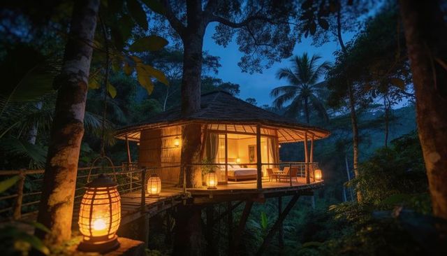 Glowing thatched treehouse bungalow sitting on stilts in tropical canopy at night