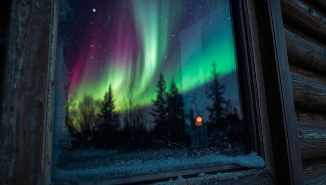 Frosted cabin window revealing northern lights over snowy forest and starry night