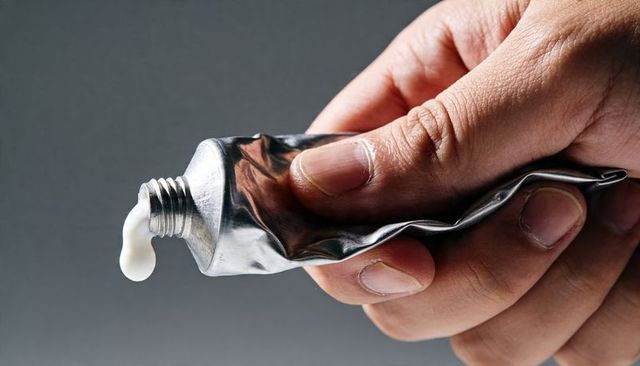Right hand squeezing metal tube dispensing white cream droplet close-up ointment