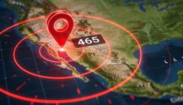 3d red location pin highlighting baja california with radar rings and 465 data label