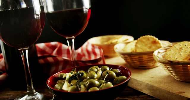 Gourmet Snack Arrangement with Red Wine and Olives - Download Free Stock Images Pikwizard.com