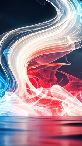 Glowing ribbons swirling upward over reflective surface, futuristic vertical motion