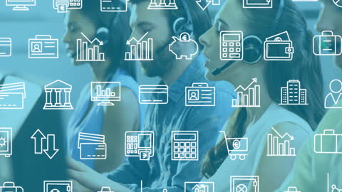 Customer Service Team with Digital Interface Overlay