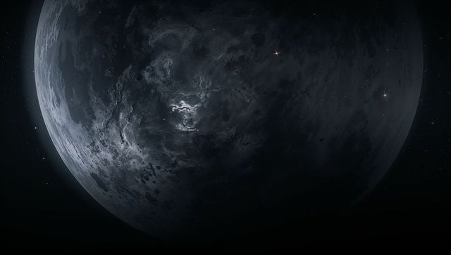 Dark Cratered Planet Revealing Lit Crescent and Storm Patch in Close Orbit