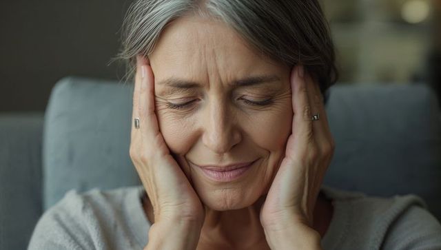 Mature woman cupping face closing eyes while relaxing in cozy living room