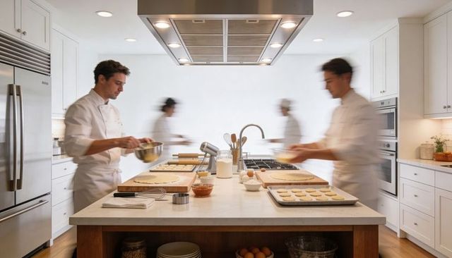 Pastry chefs preparing dough on marble island in bright contemporary kitchen teamwork