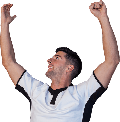 Elated Rugby Player Cheering with Raised Arms Transparent Background