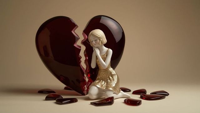 Porcelain figurine kneeling by broken glass heart