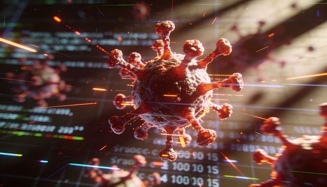 Rotating virus particle with glowing spikes over streaming code and data visualization