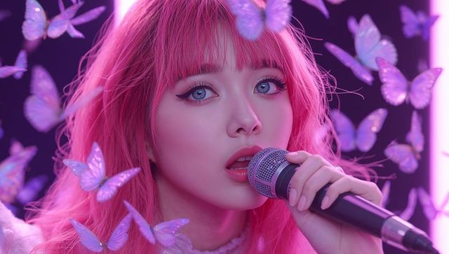 Vibrant singer in butterfly fantasy with microphone and pink hair