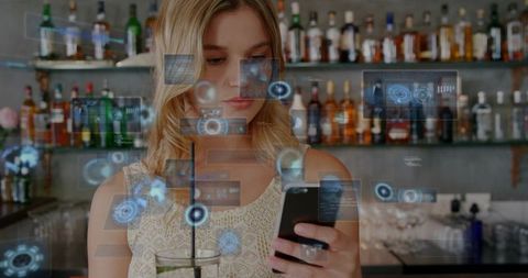 Woman using smartphone at bar while augmented reality interface overlays float