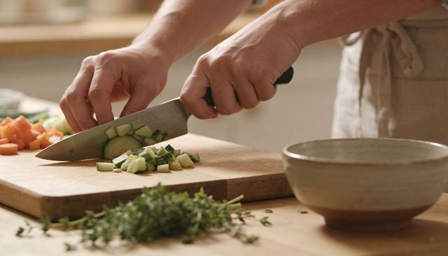 Slicing zucchini on wooden cutting board with chef knife, thyme and rustic linen apron