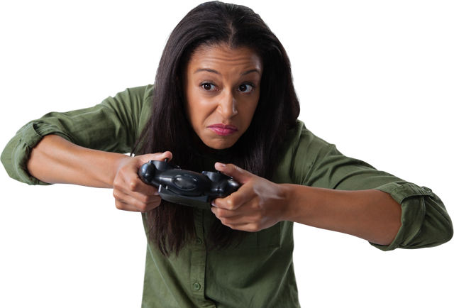 Woman With Green Shirt Making Faces While Playing Video Games On Transparent Background - Download Free Stock Videos Pikwizard.com