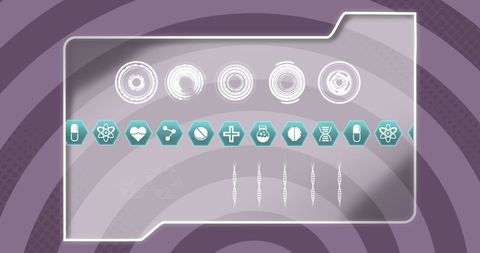 Medical technology icons on virtual folder with purple radial design