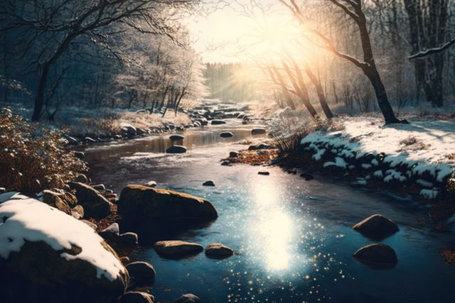 This beautiful scene depicts a serene winter morning with the sun rising over a snowy forest stream. Ideal for illustrating winter seasons, promoting outdoor activities, nature resorts, or holiday greetings. Suitable for backgrounds, wallpapers, or travel websites promoting winter destinations. Enhances concepts related to tranquility, peace, and nature's beauty.