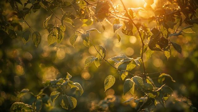 Sunlight catching on backlit leaves glistening with dew, golden hour forest bokeh and warm glow