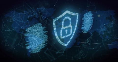 Digital security with padlock shield over world map