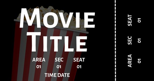 This image shows a blank movie ticket featuring classic red and white striped popcorn, perfect for customizable movie-themed invitations or announcements. Ideal for events, parties, cinema openings, movie nights, and film festivals. Users can easily add text to specify details such as movie titles, dates, times, and seating information.