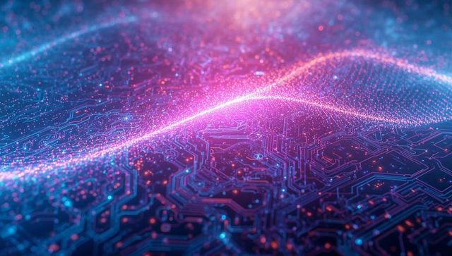 Flowing neon data ribbon pulsing across glowing circuit board with particle wave