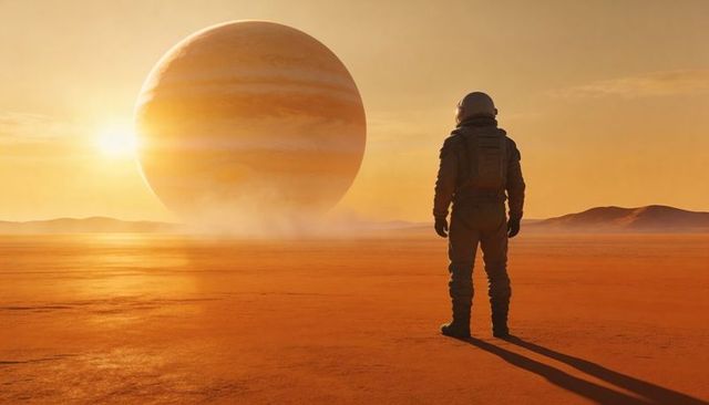 Gazing astronaut standing on red desert plain facing giant gas planet at sunrise