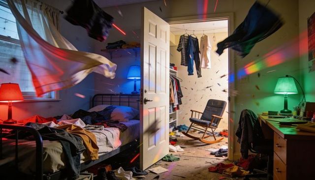 Chaotic bedroom scene with clothes flying, curtains swirling and neon lamps casting color