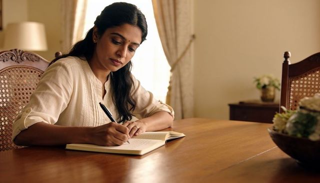Writing woman sitting at dining table wearing beige kurta journaling in warm natural light