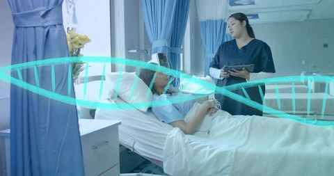 Nurse reviewing patient data at bedside while dna helix illustrates precision medicine