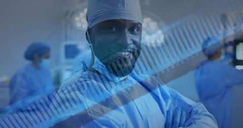 Smiling surgeon posing with crossed arms in operating room with monitor waveform overlay
