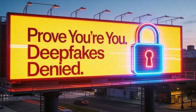 Neon lock billboard proving identity, deepfakes denied messaging on urban night display