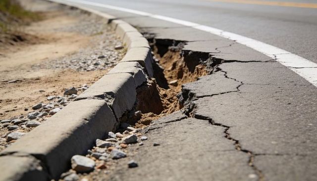 Collapsed road edge and cracked curb exposing eroded soil and gravel along rural road