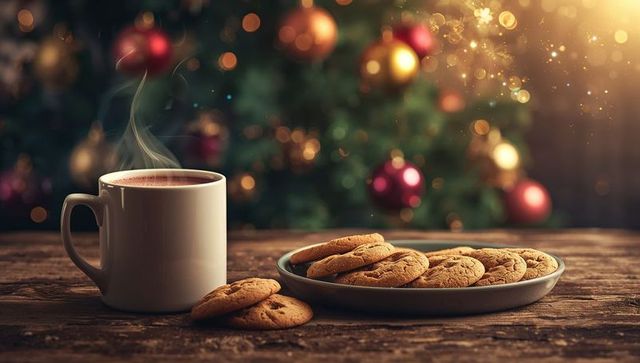 Cozy Christmas Scene with Steaming Drink and Cookies by Tree