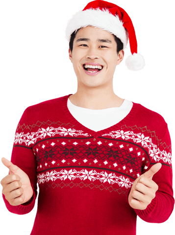 Happy man smiling with thumbs up in holiday attire, transparent background