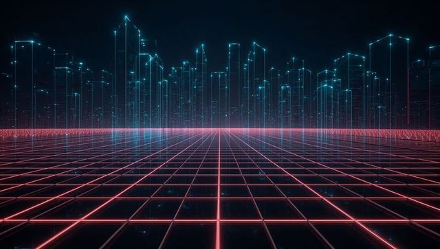 Neon grid horizon with cyan wireframe skyline and magenta cyberpunk cityscape