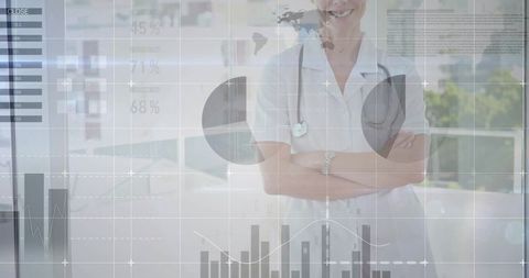 Clinician Smiling Crossing Arms in Lab Coat with Stethoscope and Data Overlays