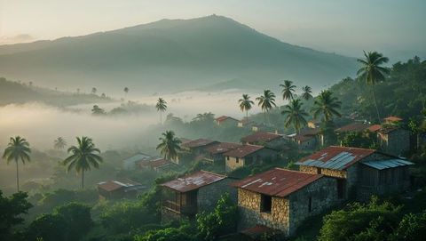 Idyllic haiti rural hillside village with low-lying mist and palm trees