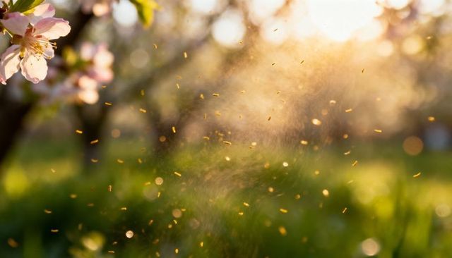 Drifting Pollen Cloud and Glowing Pink Blossom in Golden Orchard Bokeh