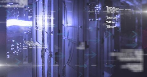 Data center server rack with ethernet cables and code overlays