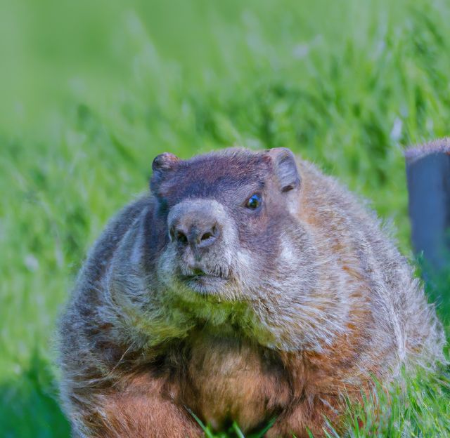 Groundhog standing in a lush meadow on a sunny day. Perfect for wildlife enthusiasts, educational content about animals, or nature-themed projects. Great for illustrating topics about outdoor activities, ecosystems, and environmental conservation.