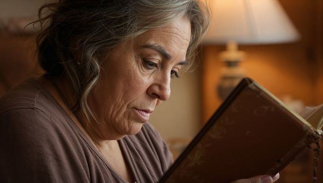 Senior woman reading hardcover book by bedside lamp in cozy interior, intimate portrait