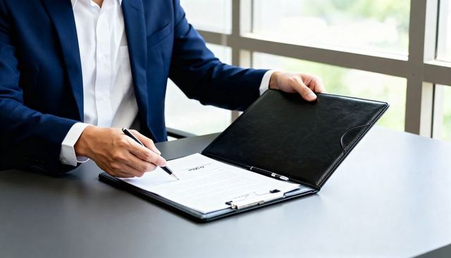Navy-suited businessman signing contract with black leather portfolio at office window