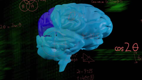 Spinning Blue Brain Overlaying Mathematical Equations in a Digital Interface
