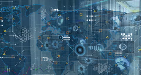 Futuristic Global Data Network Overlaying World Map