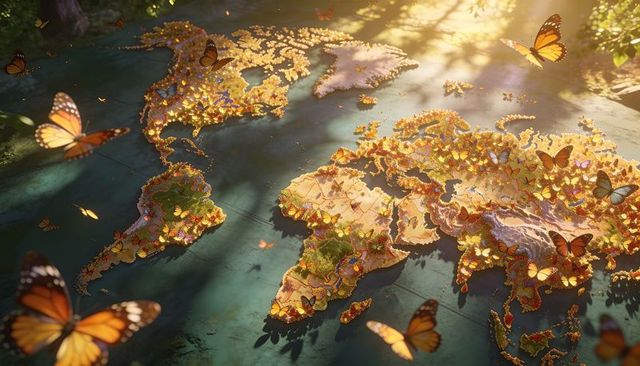 Butterflies forming world map showing global migration and biodiversity in golden light
