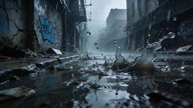 Rain-splashed alley puddle with dynamic splash, reflections and urban graffiti